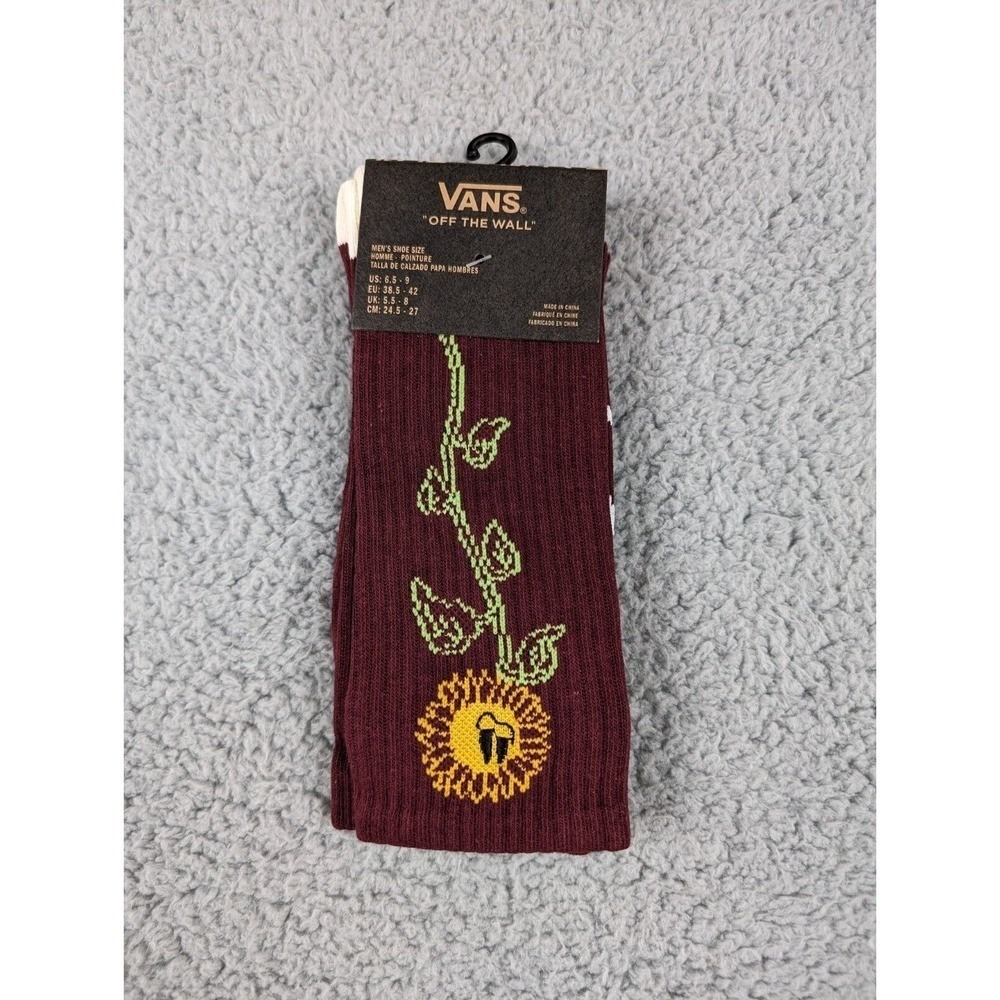 Vans Crew Socks Mens Womens 6.5-9 Burgundy Red Sunflower Plants Floral Athletic - Picture 2 of 4